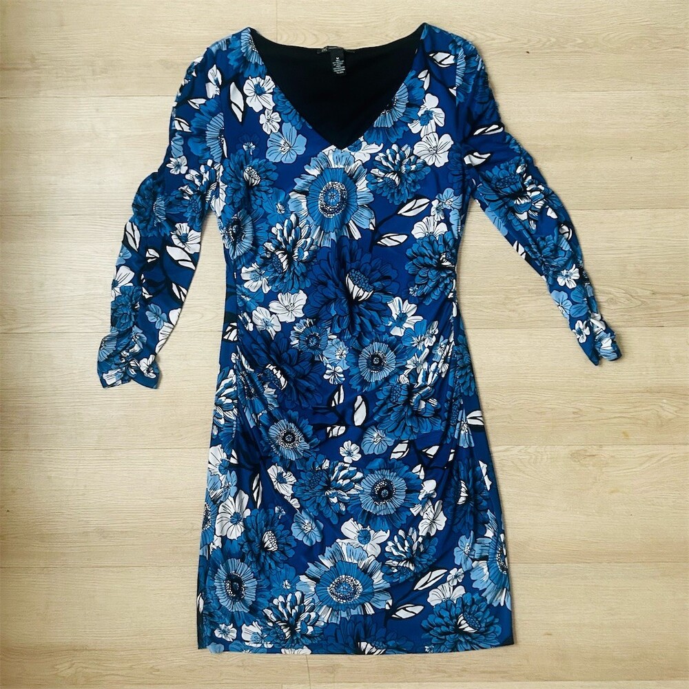 INC International Concepts Dress Womens M Blue Floral Ruched V-Neck - Picture 4 of 6
